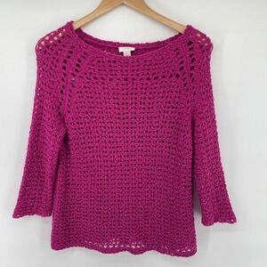 Chicos Sweater Womens Sz 1 Pink Open Knit Crochet 3/4 Sleeve Tunic Pullover Boho